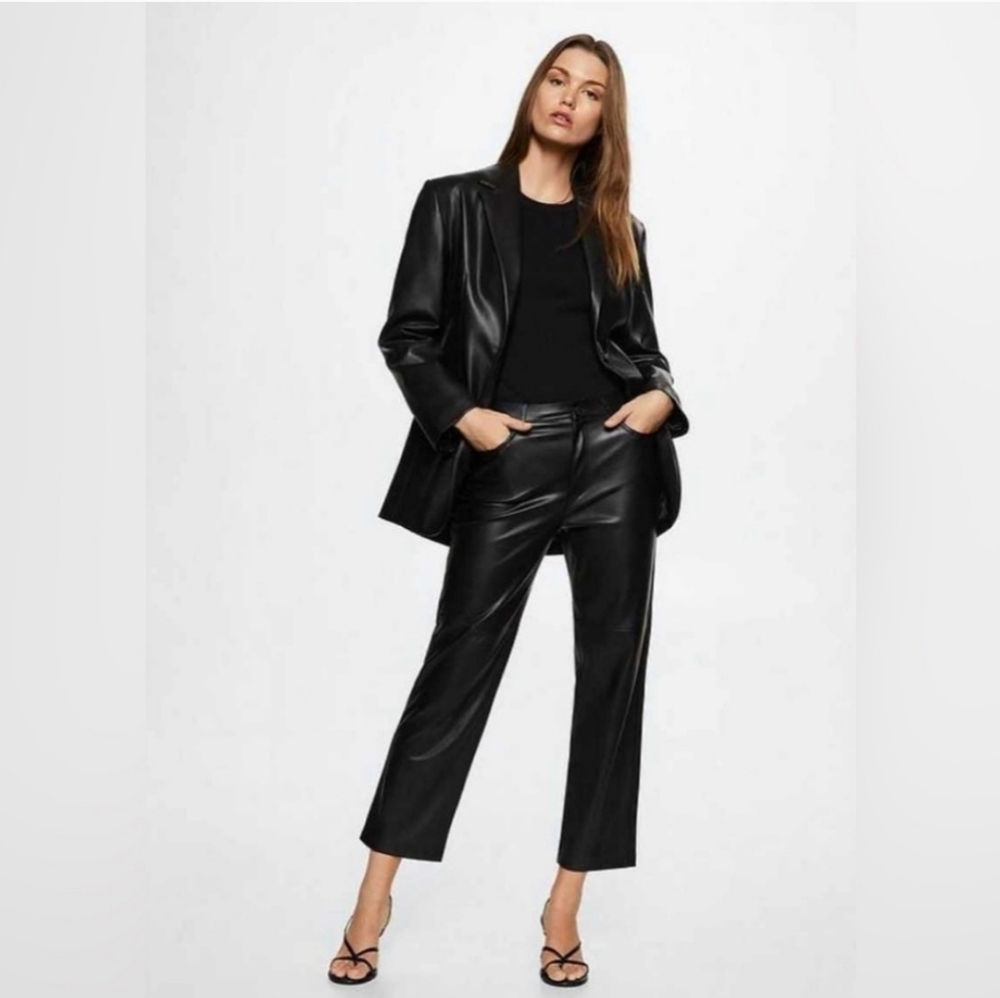 Mango MNG Black Vegan Faux Leather Straight Leg Ankle Pants Size 12